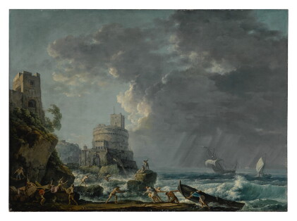 Catalog image of a storm off a rocky coast, with a shipwreck in the foreground and a fort on the…