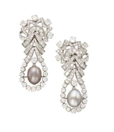 Catalog image of pair of natural pearl and diamond earclips