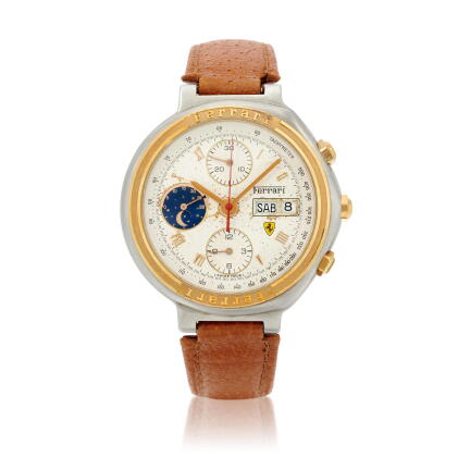 Catalog image of Stainless steel and yellow gold chronograph wristwatch with day, date and moon …