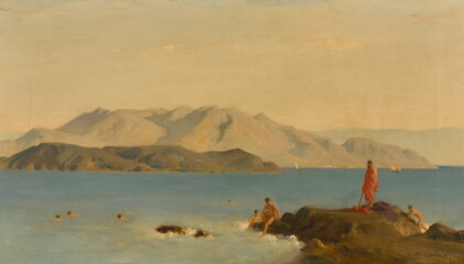 Catalog image of bathers near the island and mountain of the methana peninsula, gulf of athens