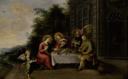 Catalog image of frans francken the younger | the holy family dining outdoors while served by angels
