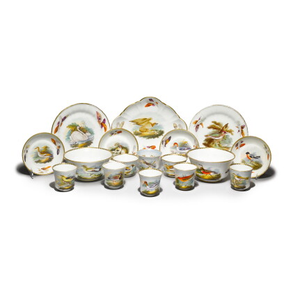 Catalog image of an assembled wedgwood bone china ornithological part-service circa 1815