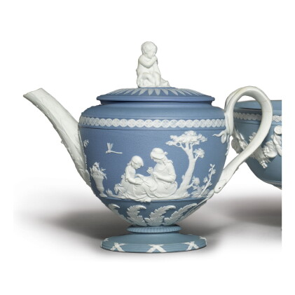 Catalog image of a wedgwood blue and white jasperware teapot and cover circa 1785