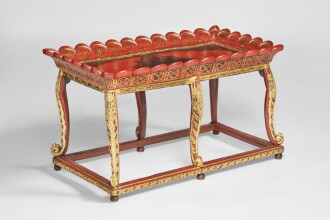 View 1 of Lot 676: A Dutch Colonial Parcel-Gilt Red and Gold Lacquer and  Cedarwood Tea Table, Java (Indonesia), late 17th/Early 18th Century