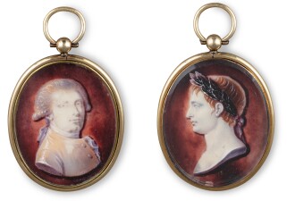 View 1 of Lot 98: Two French oval miniatures on ivory representing Napoleon I and a man wearing a wig on a red background, Charles de Chatillon, Paris, circa 1805 | Ensemble de deux miniatures ovales sur ivoire représentant Napoléon Ier et un homme portant une perruque sur fond rouge par Charles de Chatillon, Paris, vers 1805