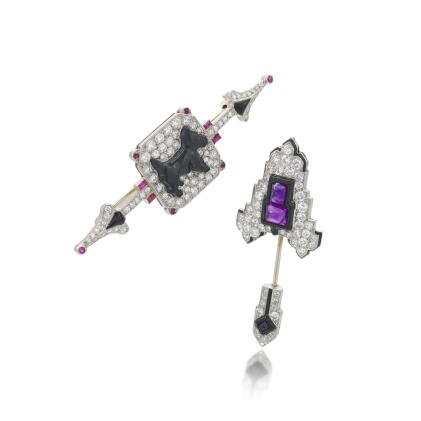 Catalog image of Enamel, onyx and amethyst and diamond jabot-pin and an onyx, ruby and diamond b…