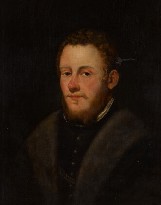 Catalog image of Portrait of a bearded man, bust length, wearing a fur trimmed coat