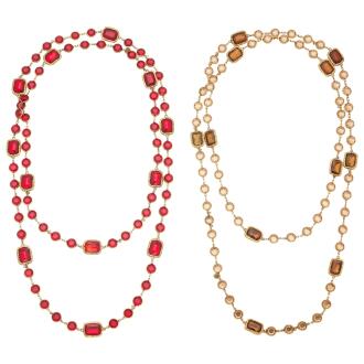 View 1 of Lot 86: Set of Two Vintage Amber Gripoix Gold Plated Brass Sautoir Necklace, 1981 and Vintage Red Gripoix Gold Plated Brass Sautoir Necklace, 1981