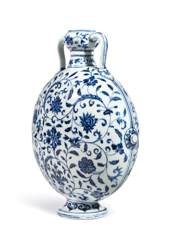 blue and white 'floral' moon flask