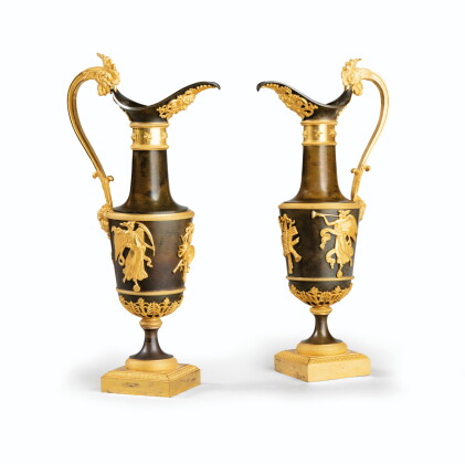 Catalog image of a pair of empire patinated gilt-bronze ewers | paire d'aiguières en bronze pati…