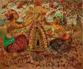 View 1 of Lot 1043: Adrien Jean Le Mayeur de Merprè 勒邁耶  | Two Balinese Women with Offerings, Sanur Beach 沙努爾海灘上進供的峇里雙美