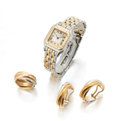 Catalog image of Gold demi-parure 'Trinity' (earrings and ring) and a wristwatch, Panthère, Ref.…