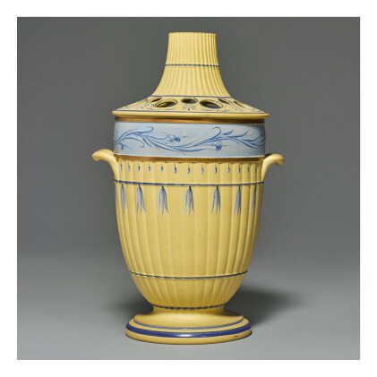 Catalog image of a wedgwood caneware part-bamboo-molded two-handled bough pot and pierced cover …
