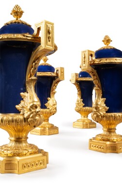 View 1 of Lot 550: Two pairs of gilt-bronze mounted Chinese blue powder 'Medici' porcelain vases cornets and covers, the porcelain Qienlong (1736 - 1795), the mounts Louis XV, circa 1770 - 1775
