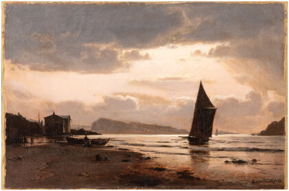 Catalog image of Sailboat on a lake in a pink sunset | Voilier sur un lac au coucher du soleil