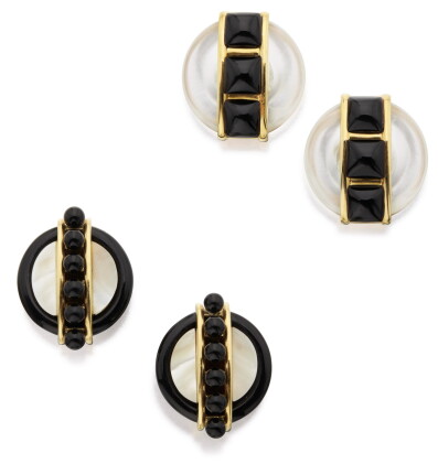 Catalog image of two pairs of gold and hardstone earclips, aldo cipullo for cartier