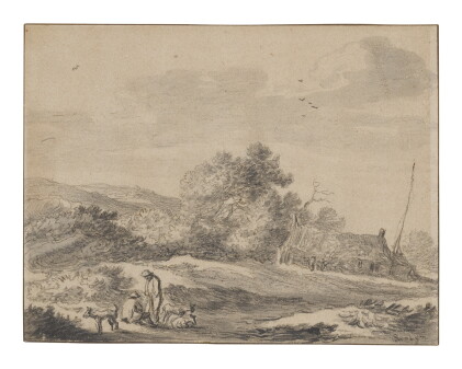 Catalog image of two men and three dogs in a dune landscape, with a farmstead behind