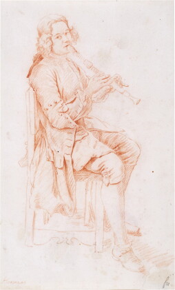 Catalog image of Recto: Study of a man, seated, playing the recorder Verso: Study of a young wom…