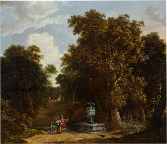 View 1 of Lot 348: Elegant figures walking by a fountain in a woodland park