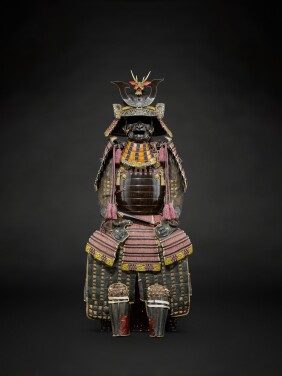 View 1 of Lot 20: A Mori okegawa nimai-do gusoku [armour] | The helmet signed Joshu-ju Saotome Ietada (Saotome Ietada, a resident of Hitachi Province) | Edo period, late 17th century