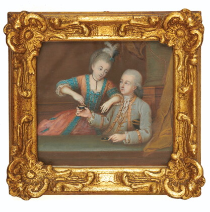 Catalog image of swiss school, circa 1765 | portrait of a lady and gentleman, he offering her sn…