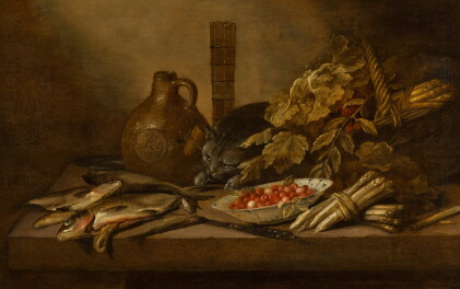 Catalog image of Still life with cat, fish, asparagus, a bowl of strawberries, and a stone jar o…