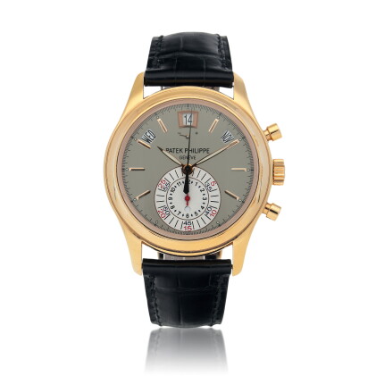 Catalog image of Ref. 5960R Pink gold annual calendar flyback chronograph wristwatch with power …