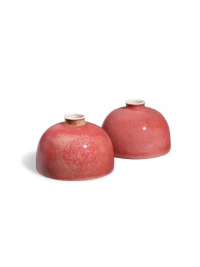 View 1 of Lot 1032: Two peachbloom-glazed beehive waterpots, Marks and period of Kangxi | 清康熙　豇豆紅釉太白尊兩件　《大清康熙年製》款