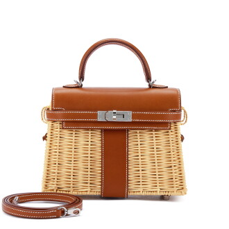View 1 of Lot 9636: Limited Edition Fauve Barenia and Osier Wicker Mini Picnic Kelly II 20 Palladium Hardware, 2023