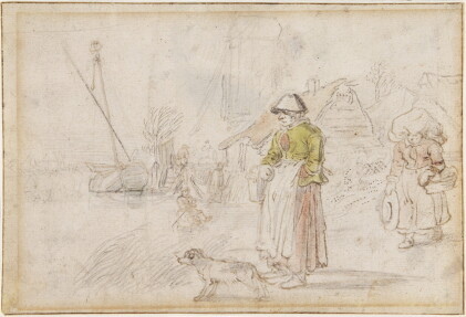Catalog image of Two women and a dog on a river bank near a village, to the left a boy on a sledge