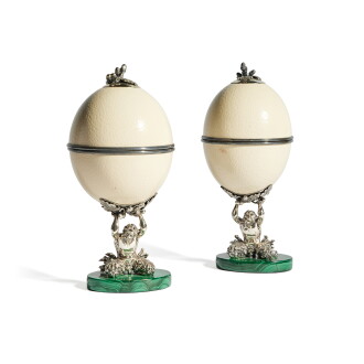 View 1 of Lot 127: A Pair of Italian Silver-Mounted Ostrich Eggs on Malachite Bases, Nardi, Milan, 20th Century