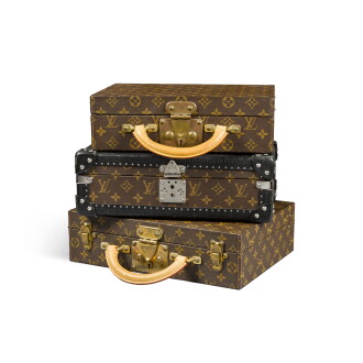 View 1 of Lot 142: Set of Four: Monogram Canvas Watch Trunk, Macassar Ebony and Peerwood Marquery Cigar Humidor and Monogram Canvas Jewelry Boxes