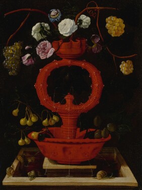 View 1 of Lot 29: Still life of flowers and grapes in an elaborate ceramic vase, with snails along the bottom ledge