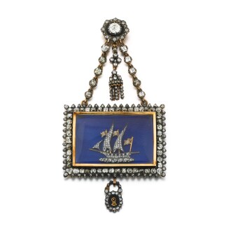 View 1 of Lot 1026: An enamel, glass and diamond pendant with a ship, Central Europe, Circa 1780-90