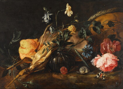 Catalog image of Still life with flowers in a glass vase, a lemon, an ear of corn, with a snail …