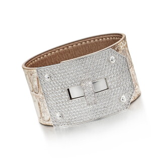 View 1 of Lot 1675: 18K White Gold and Diamond White Matte Niloticus Crocodile Himalaya Kelly Bracelet, 2017 