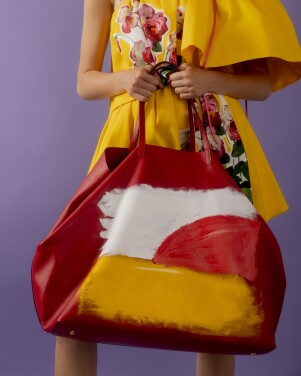 View 1 of Lot 38: Oversize Red Leather Tote Bag hand with Hand Painting by Grear Patterson, 2021