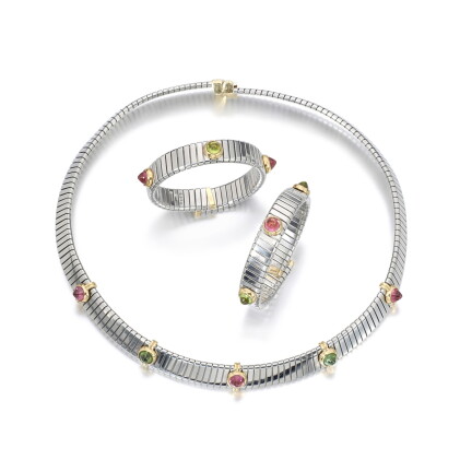 Catalog image of Peridot and tourmaline parure, 'Tubogas'