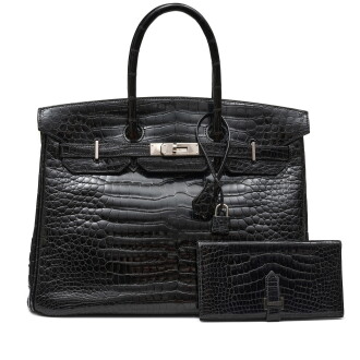 View 1 of Lot 1197: Black Shiny Porosus Crocodile Birkin 35 Palladium Hardware, 2007 and Black Shiny Alligator Mississippiensise Bearn Wallet Palladium Hardware. 2006