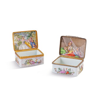 View 1 of Lot 686: Two German porcelain rectangular snuff boxes, second half 18th century