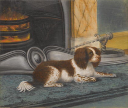 Catalog image of continental school, 19th century | spaniel by the fireside