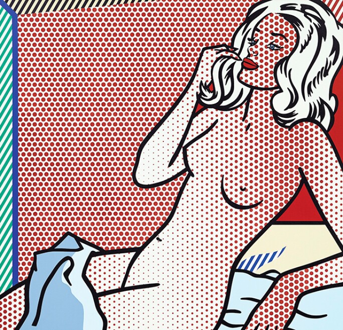 Nude woman sunbathing rendered in Lichtenstein's trademark benday-dot style.