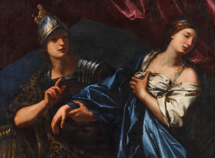 Catalog image of a classical scene: a warrior prince leading a maiden away