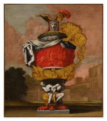  A STILL LIFE WITH AN EWER AND A LANDSCAPE BEYOND