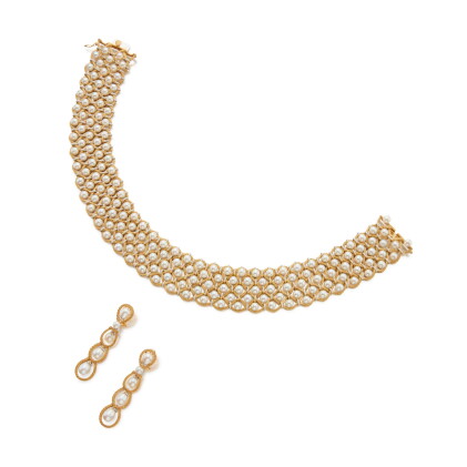 Catalog image of Gold and Cultured Pearl Choker-Necklace and Pair of Earclips
