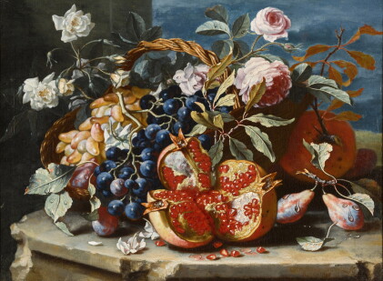 Catalog image of Still life with a pomegranate and grapes, with roses and other fruits in a bask…