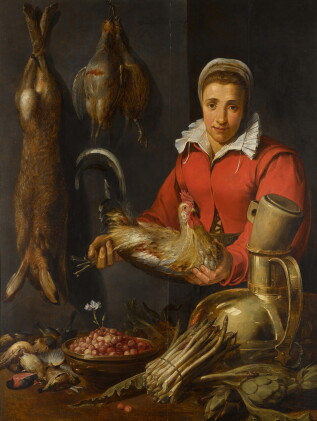 Catalog image of a female merchant holding a cockerel, with game, asparagus, artichokes, utensil…