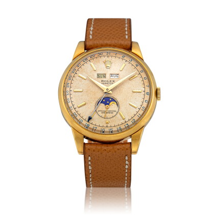 Catalog image of 'Padellone', Ref. 8171 Yellow gold triple calendar wristwatch with moon phases …