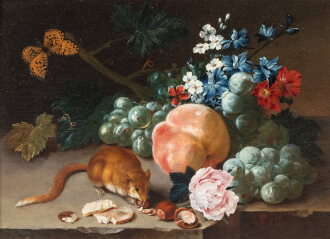 View 1 of Lot 644: Still life with a mouse, hazelnuts, fruits and flowers