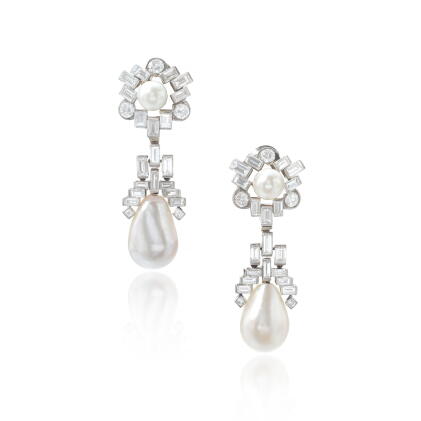 Catalog image of Fine pair of natural pearl, cultured pearl and diamond pendent ear clips, circa 1960